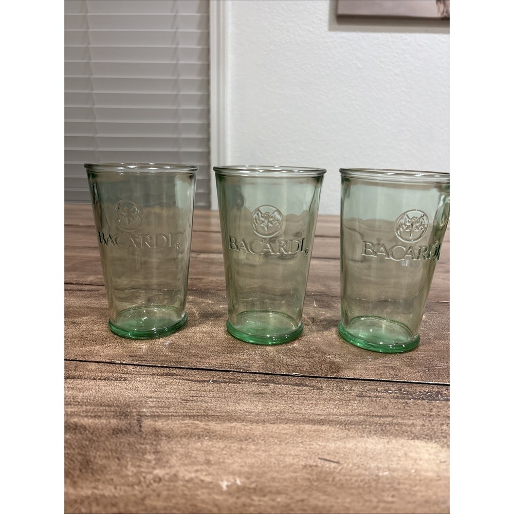 BACARDI RUM - BAT & BACARDI EMBOSSED Heavy GREEN Glass Tumbler 3